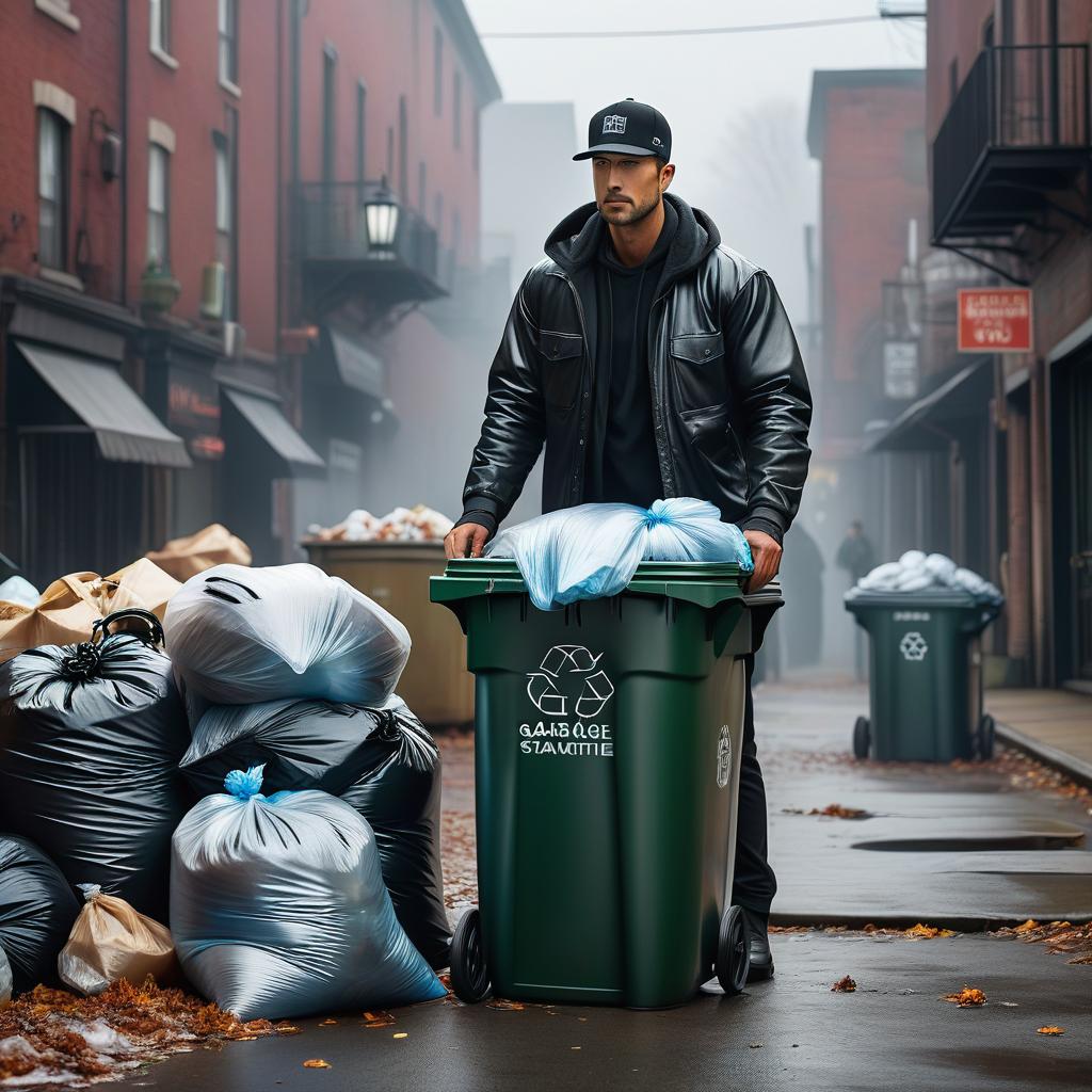  draw garbage bags with the inscription on them, carelessly placed near the garbage can and a person with the same bag leaving for this garbage can hyperrealistic, full body, detailed clothing, highly detailed, cinematic lighting, stunningly beautiful, intricate, sharp focus, f/1. 8, 85mm, (centered image composition), (professionally color graded), ((bright soft diffused light)), volumetric fog, trending on instagram, trending on tumblr, HDR 4K, 8K