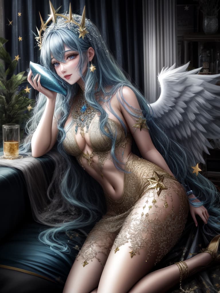  mermaid, holding a mask in his hand, with an angel crown on his head, and a glass bottle containing stars hyperrealistic, full body, detailed clothing, highly detailed, cinematic lighting, stunningly beautiful, intricate, sharp focus, f/1. 8, 85mm, (centered image composition), (professionally color graded), ((bright soft diffused light)), volumetric fog, trending on instagram, trending on tumblr, HDR 4K, 8K