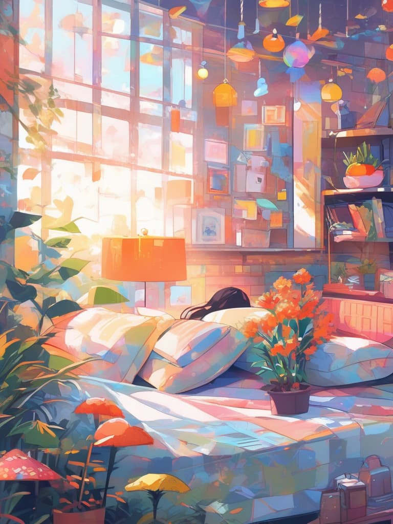  fantasy, illustration, girl, reading, bed,resting, book, imagination, room, table, fruit tray, cup, bowl, crockery, flower pot, plant, corner, shiny tie, ambiance, magical, cozy, relaxing, captivating, whimsical, detailed, 4k, vivid colors, soft light, surrealism highly detailed illustration, sharp details, best quality, 4k, raw photo