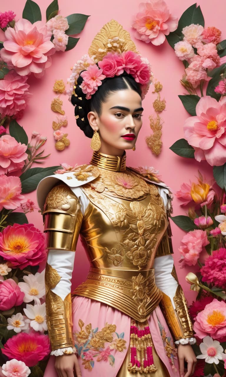  concept art color pink, white, black, gold frida kahlo in gold armor many flowers . digital artwork, illustrative, painterly, matte painting, highly detailed, perfect hands