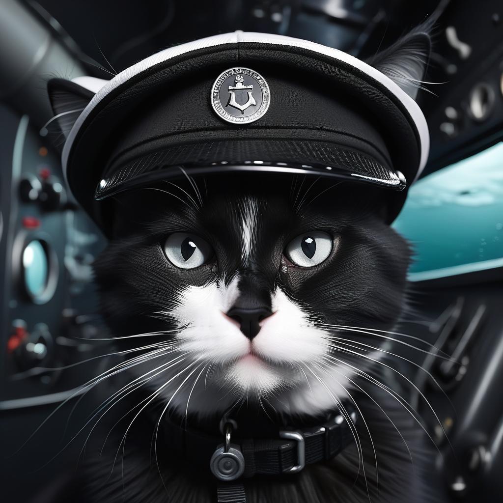  a furry black cat in a black white cap in a submarine