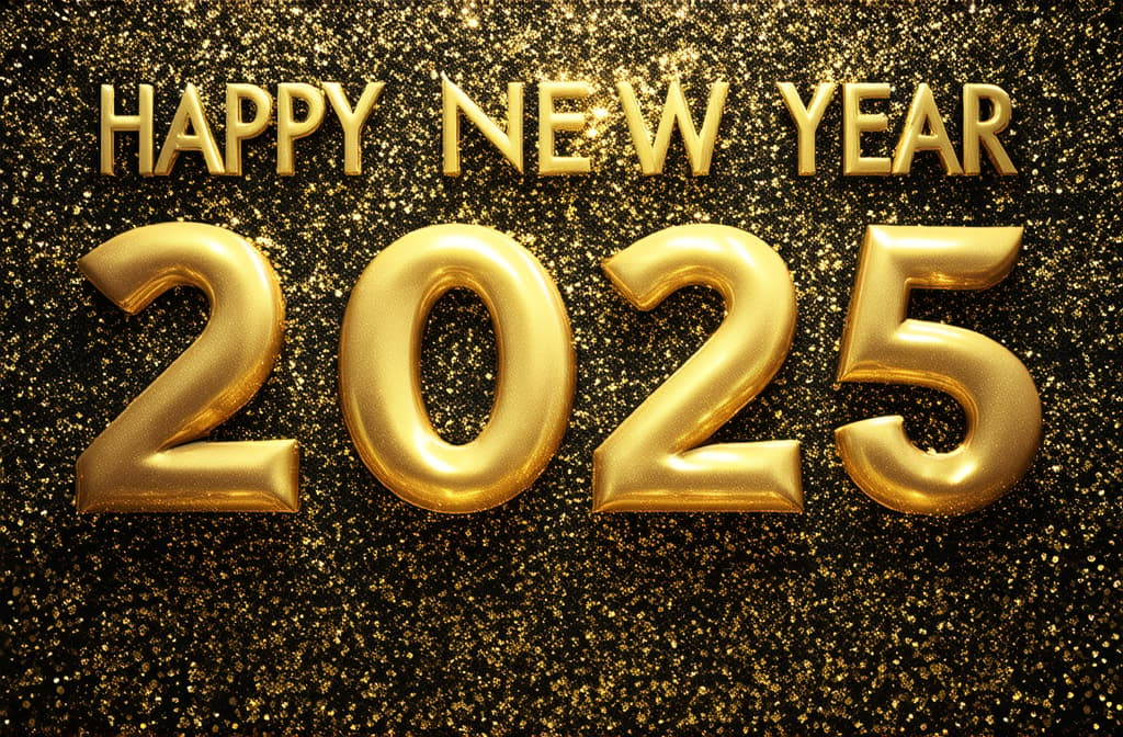  professional detailed photography, happy new year 2025 poster on golden background ar 3:2, (muted colors, dim colors, soothing tones), (vsco:0.3)