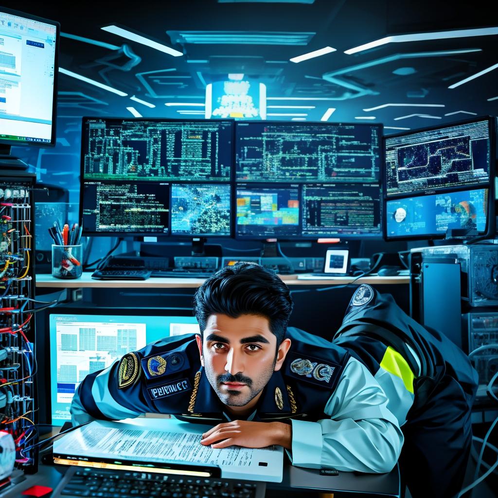  an iranian police officer sitting behind a computer desk with cyber background, award winning, professional, highly detailed, masterpiece