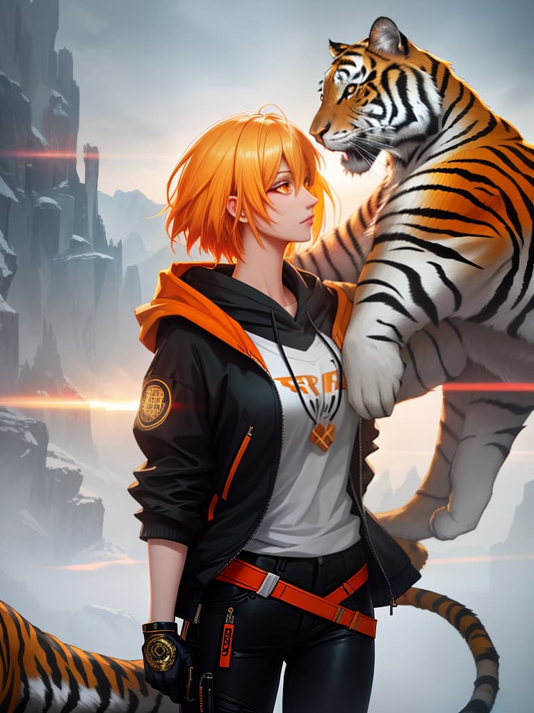  short bob, boyish, hoodie, upper body only, skinny pants, orange eye, women, tiger, blonde, profile, masterpiece, best quality,8k,ultra detailed,high resolution,an extremely delicate and beautiful,hyper detail hyperrealistic, full body, detailed clothing, highly detailed, cinematic lighting, stunningly beautiful, intricate, sharp focus, f/1. 8, 85mm, (centered image composition), (professionally color graded), ((bright soft diffused light)), volumetric fog, trending on instagram, trending on tumblr, HDR 4K, 8K