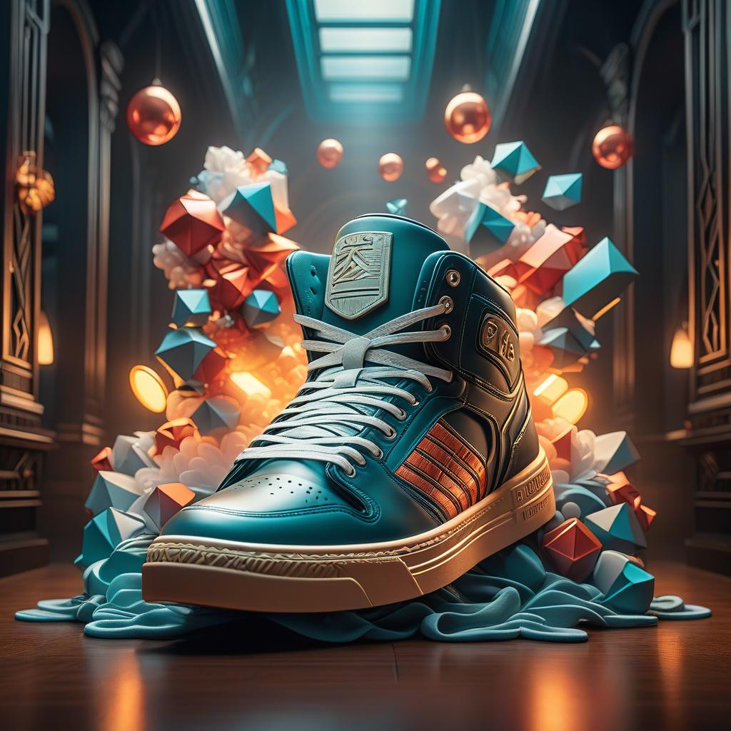  art deco style make an emblem with sneakers. . geometric shapes, bold colors, luxurious, elegant, decorative, symmetrical, ornate, detailed, sticker hyperrealistic, full body, detailed clothing, highly detailed, cinematic lighting, stunningly beautiful, intricate, sharp focus, f/1. 8, 85mm, (centered image composition), (professionally color graded), ((bright soft diffused light)), volumetric fog, trending on instagram, trending on tumblr, HDR 4K, 8K