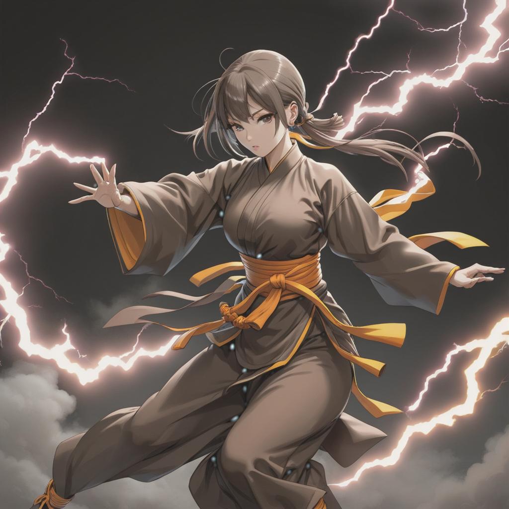  line art drawing monk girl, kung fu fight, lightning . professional, sleek, modern, minimalist, graphic, line art, vector graphics hyperrealistic, full body, detailed clothing, highly detailed, cinematic lighting, stunningly beautiful, intricate, sharp focus, f/1. 8, 85mm, (centered image composition), (professionally color graded), ((bright soft diffused light)), volumetric fog, trending on instagram, trending on tumblr, HDR 4K, 8K