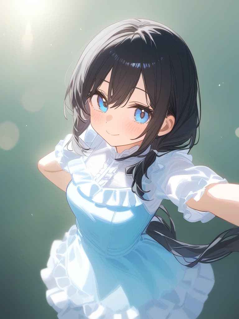  cute face focus,cute,black hair,light blue eyes,cute posing,frill onepiece,low twin tail