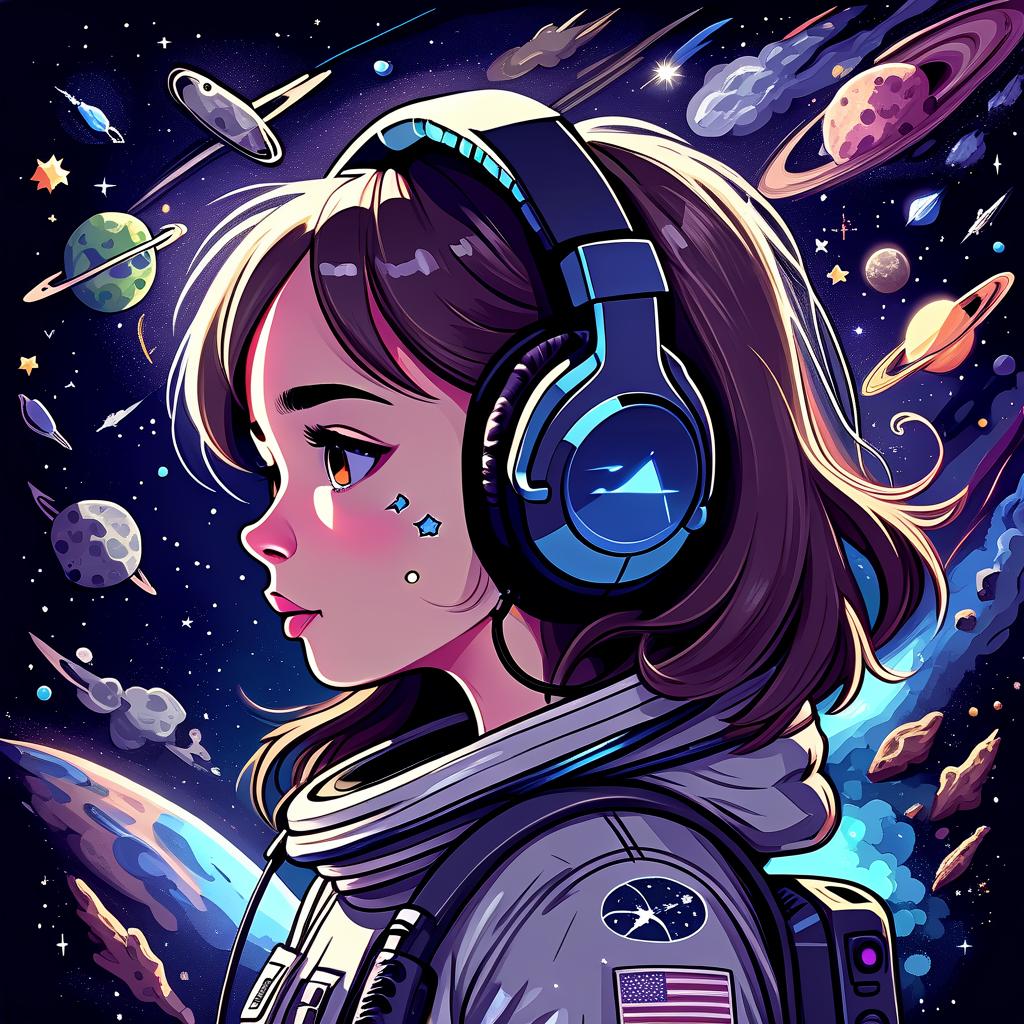  space themed a girl in space. headphones. dark colors. 2d. dark. comets, meteorites, chaos. calm down, leaves . cosmic, celestial, stars, galaxies, nebulas, planets, science fiction, highly detailed