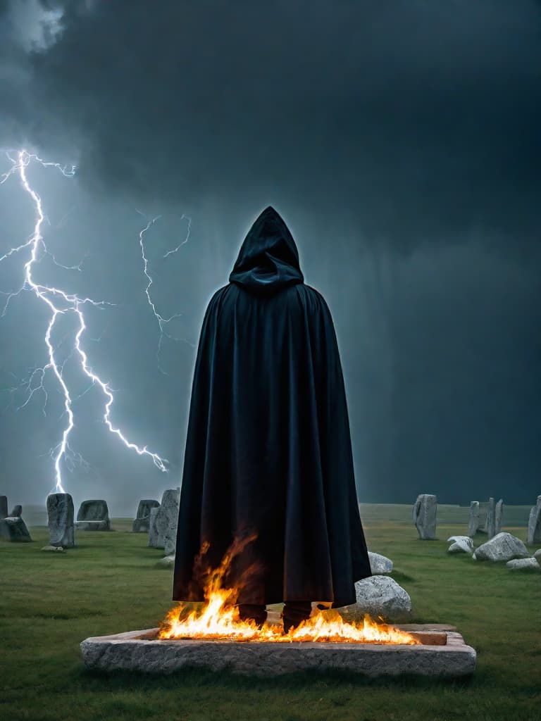  Pagan warlock, facing viewer, wearing a hooded cloak, his face hardened, eyes cold, a scar runs down the left side of his face; standing at an alter, conjuring a fire elemental from within Stonehenge during a thunder and lightning storm