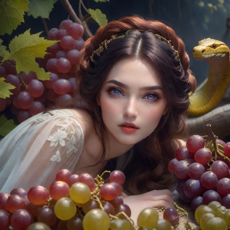  photorealistic portrait of a beautiful european girl, looking frightened in the camera, very detailed, wineleaves und grapes laying on her head, snakes are between the wineleaves, dynamic, very detailed, romantic dark art hyperrealistic, full body, detailed clothing, highly detailed, cinematic lighting, stunningly beautiful, intricate, sharp focus, f/1. 8, 85mm, (centered image composition), (professionally color graded), ((bright soft diffused light)), volumetric fog, trending on instagram, trending on tumblr, HDR 4K, 8K