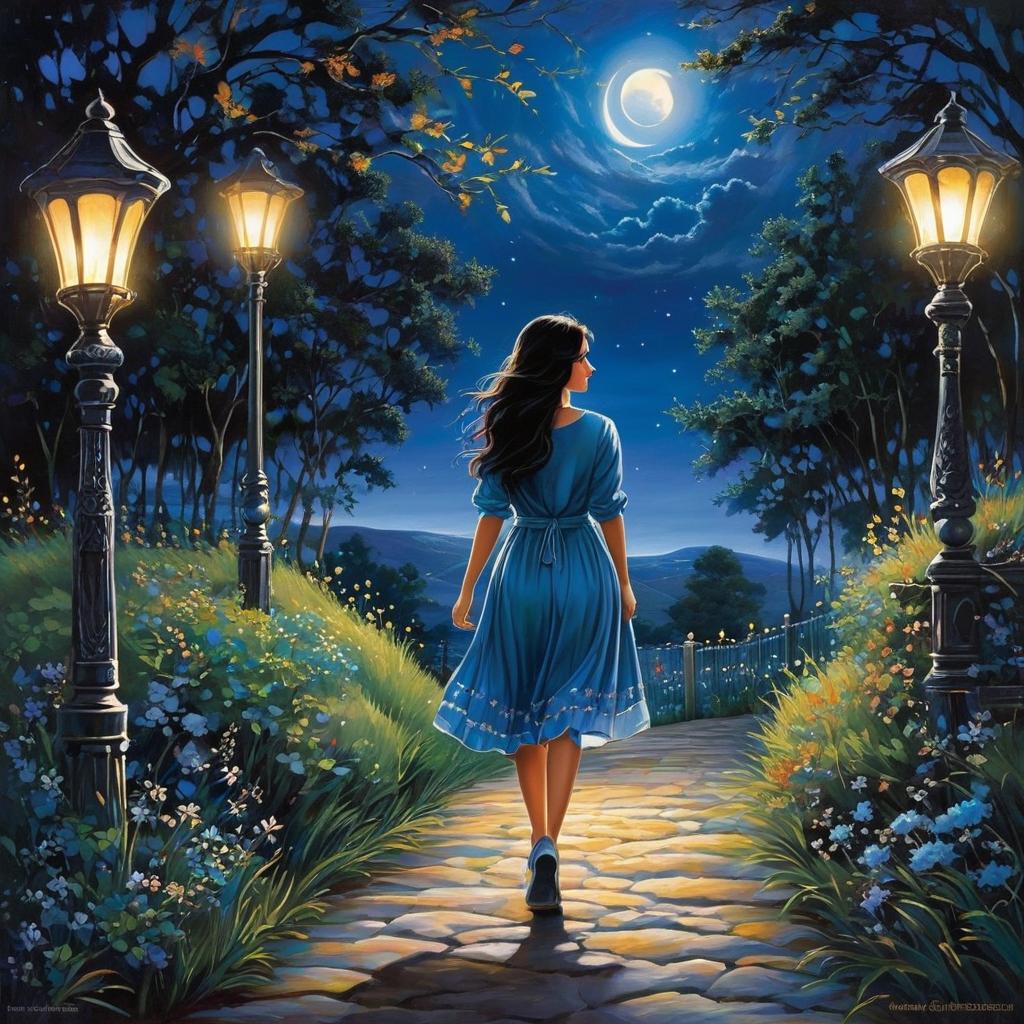  dark haired girl walking a moonlit path., award winning, professional, highly detailed, masterpiece