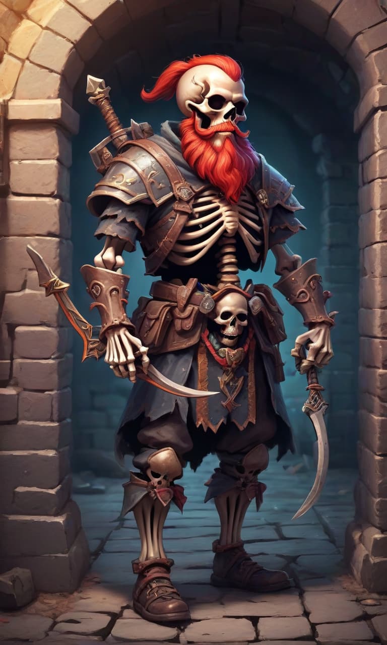  role playing game (rpg) style fantasy skeleton dwarf with a bow and a red beard, full length, against the background of a prison, fantasy . detailed, vibrant, immersive, reminiscent of high fantasy rpg games