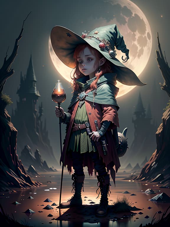  master piece, best quality, ultra detailed, highres, 4k.8k, a red haired witch, standing in the wilderness, confident, break a magical adventure, barren wasteland, witch's hat, magical staff, potion bottles, full moon, break mysterious and eerie, soft glow of moonlight, creature00d