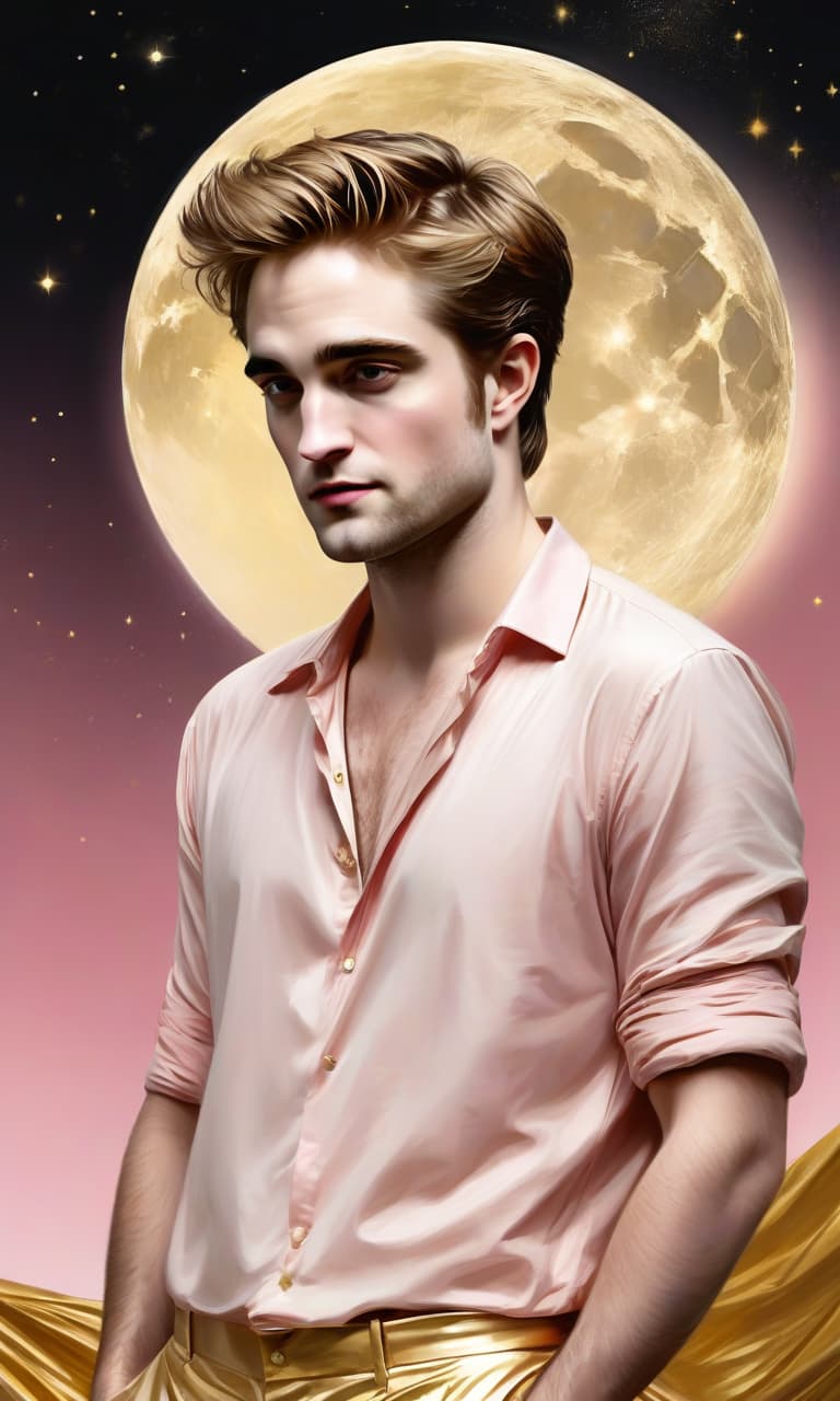  concept art pink, gold, black, white moonlight robert pattinson to the waist in a gold shirt behind . digital artwork, illustrative, painterly, matte painting, highly detailed, perfect hands