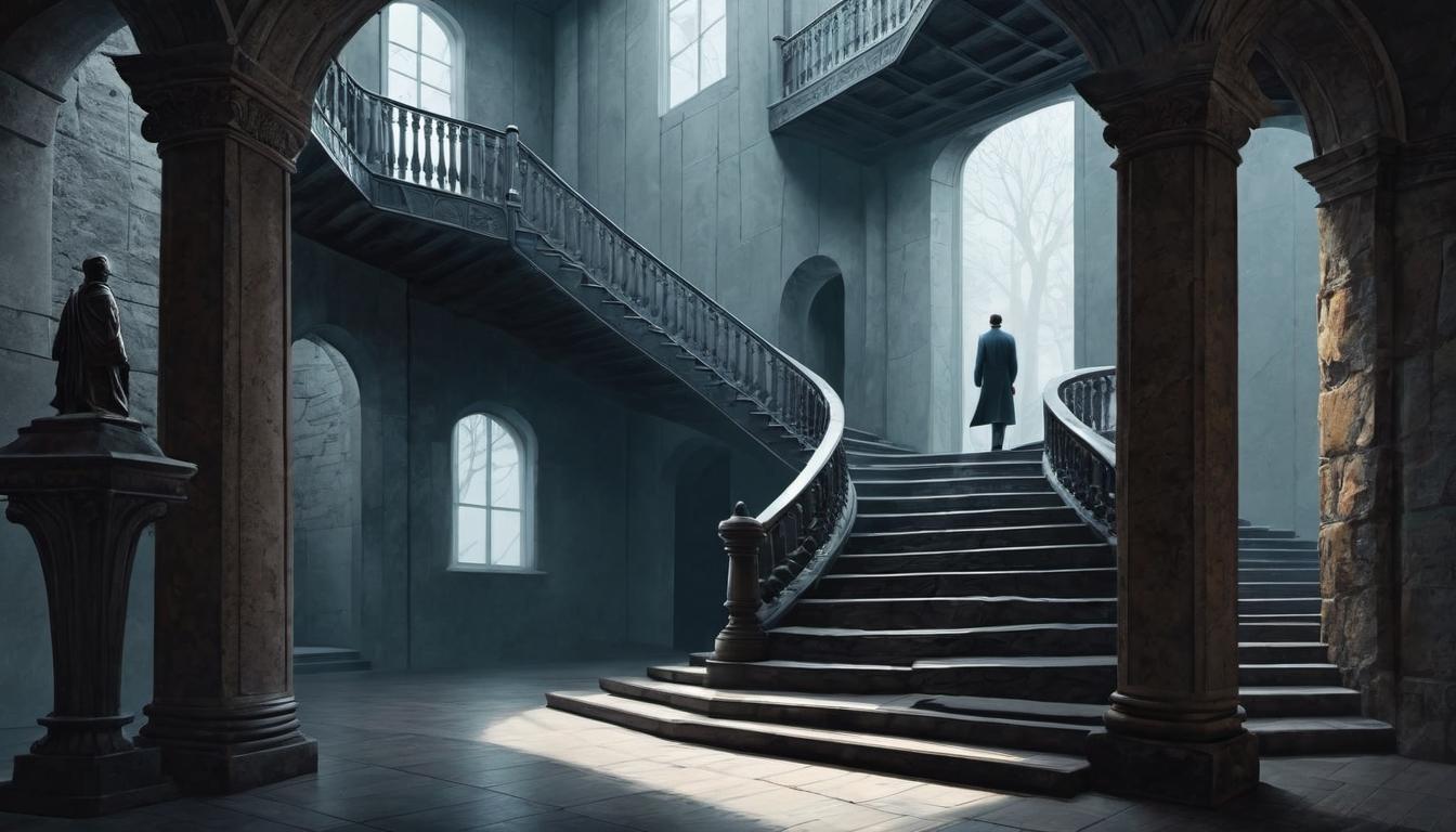  （surrealism)a figure with a determined expression, climbing a staircase with achievements as steps, another figure trying to keep up but struggling, background of a modern interior, visual metaphor for personal growth vs competition mystic, intricate details, best quality)