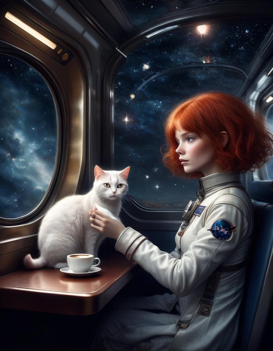  space themed red haired girl with short haircut and white cat in a two seater train compartment, drinking coffee on a table by the train window, stars, constellations, jean baptiste monge style, beautiful, realistic, filigree, black background, light particles, fantasy, botanical, lumen, reality swiftkey . cosmic, celestial, stars, galaxies, nebulas, planets, science fiction, highly detailed