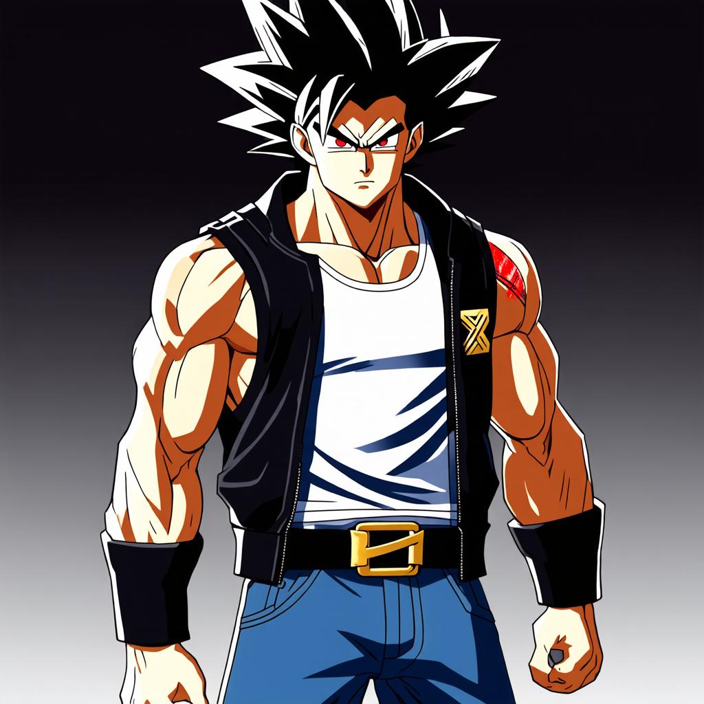  he is a half saiyan, half demon caucasian male with medium long spiky black hair that fades to white. his eyes are a scarlet hue with black pupils. he has a muscular build and an x shaped scar on his right shoulder. he wears a white tank top under a sleeveless black jacket, blue jeans with a gold belt buckle, and black and gold steel toe boots. photo realistic, highly intricate and detailed, masterpiece, ultra high res,photography,8k resolution