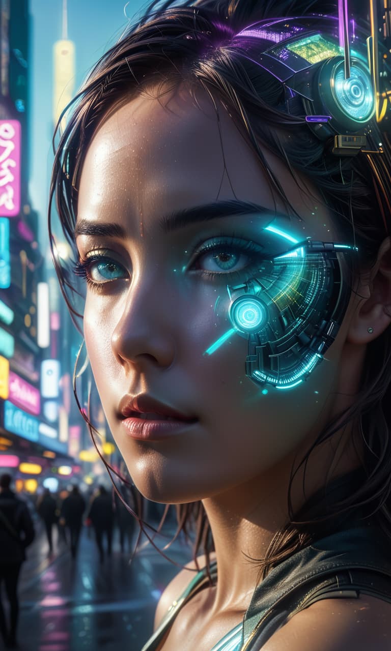  (masterpiece, digital art:1.3), highly intricate double exposure art inspired by yuumei, (close up of a person's eye:1.2) superimposed on a bustling city street, cyberpunk aesthetic, trending on cgsociety, multiple exposure technique, overlaying textures with glowing holographic elements, technicolor palette, bright city lights illuminating the scene, reminiscent of "the matrix" film's pinterest color scheme, high definition rendering, colorful dream like atmosphere, elaborate details in the digital art, futuristic and vibrant, captivating visual narrative., civitai, glowneon