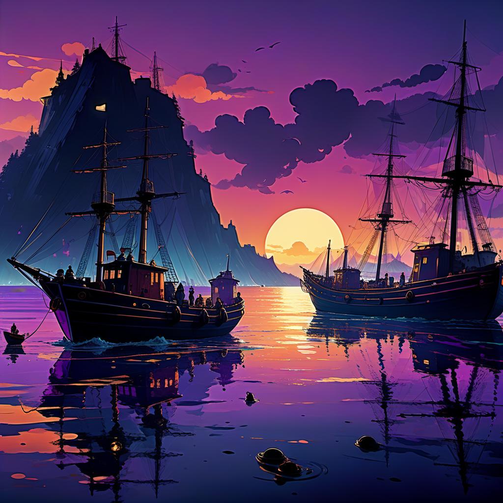  anime artwork heavy, salt soaked air hung over the port like a dense veil, mixing with smoke from fires and the smell of fish. the dark blue waters of the bay reflected the purple reflections of the setting sun, giving them a gloomy shade. against a backdrop of jagged mountains topped by purple twilight, the port's colorful houses towered like toys scattered in a mess. wooden docks, overgrown with shells and algae, creaked under the pressure of waves, and between them snorted boats with colorful sails, like a flock of different sized fish. in this hectic, motley entourage, like a wounded beast, a wooden frigate slowly entered the harbor. his skin plowed deep wounds, and the broken sails, like bloody wings, hanging without will. on the deck,