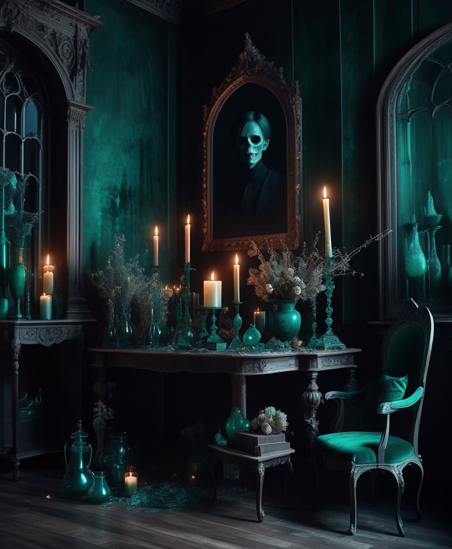  gothic style the dark room. wooden furniture in classic style. dried flowers in emerald vases. candle lights. web and dust. no lighting. the moon outside . dark, mysterious, haunting, dramatic, ornate, detailed