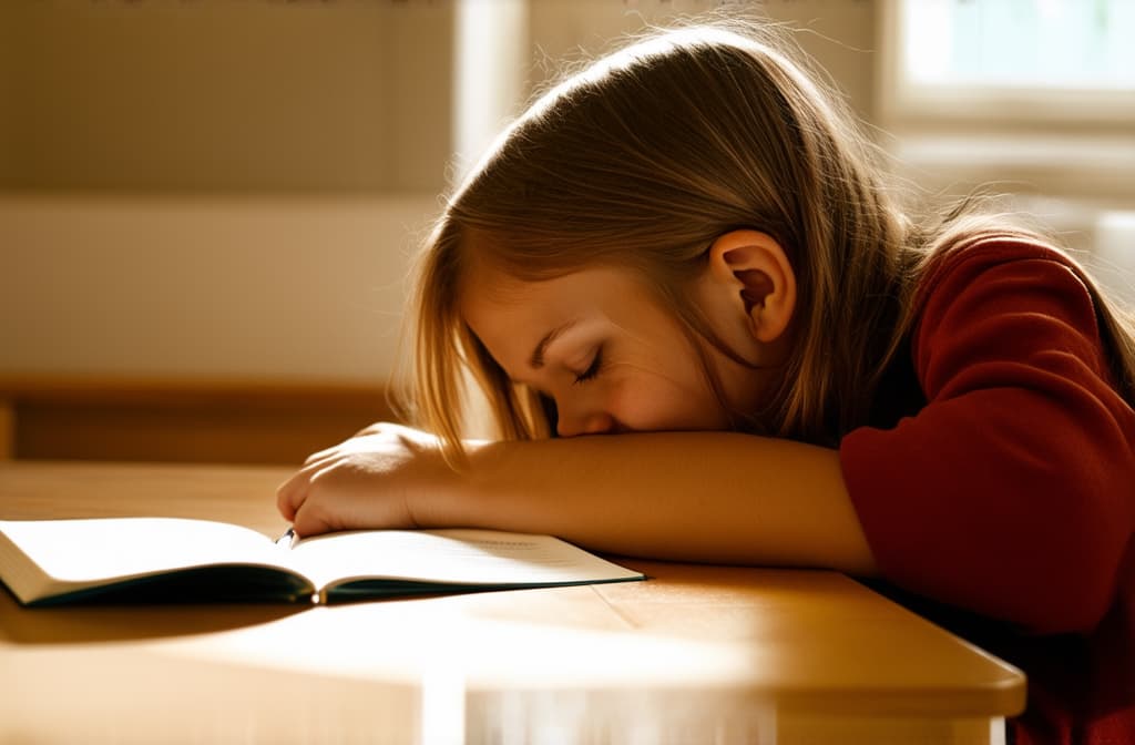  a girl of primary school age sits at a desk doing her homework, is tired and falls asleep, resting her head on the desk and closing her eyes. , (natural skin texture), highly detailed face, depth of field, hyperrealism, soft light, muted colors