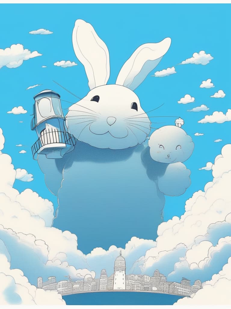  masterpiece,best work,(((cloud in the shape of a rabbit ☁))),(((only cloud))),(((outlines only))),cartoonish expression,blue sky background,comical,easy,simple pattern,simple picture,crayon line