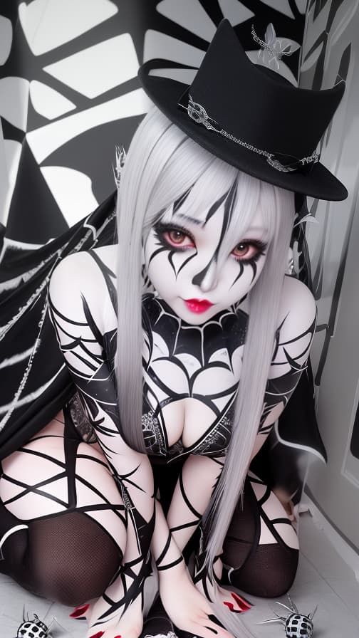  Black and silver Spider-patterned body paint in every corner of the whole body, full-body, White body paint,Silver face paint on the face,Two succubuses 女の子