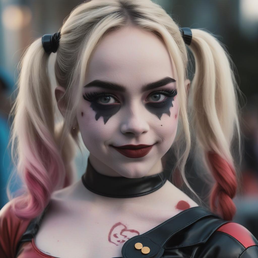  cinematic photo sabrina carpenter in the canonical comic costume of harley quinn . 35mm photograph, film, bokeh, professional, 4k, highly detailed