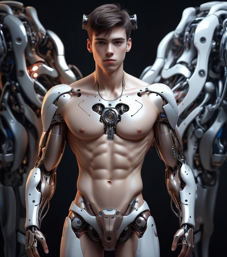  young guy, brunette, cyborg, robotic body parts, style realism, 4k quality