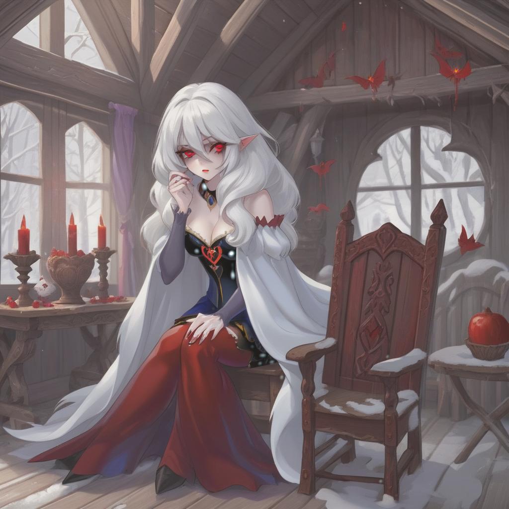  the vampire witch. red eyes, snow white hair. beautiful. sitting on a chair by an oak table in a wooden house