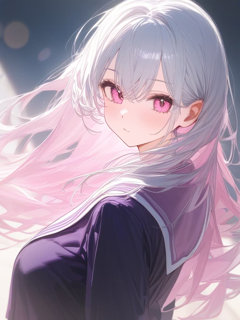  girls, white hair, pink, pink gradation hair color, cute face, straight hair, purple sailor suit, pleated skirt, pink eyes, masterpiece, best quality,8k,ultra detailed,high resolution,an extremely delicate and beautiful,hyper detail