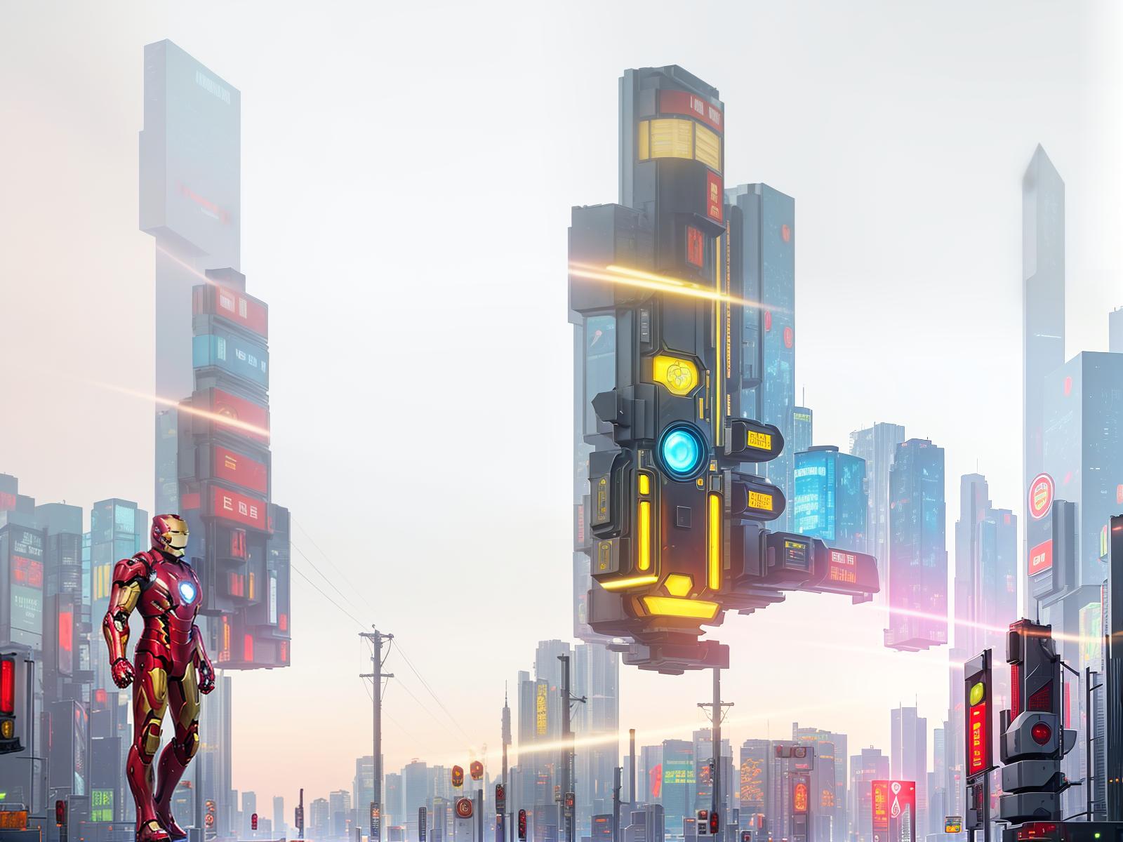  masterpiece, best quality, best quality, masterpiece, 8k resolution, realistic, highly detailed, close up of iron man. in a cyberpunk style night scene of the city, he stands on a street lined with tall buildings. the city's night lights are bright, the surrounding buildings and streets are filled with cyberpunk elements such as neon lights, high tech devices, and futuristic architectural designs.