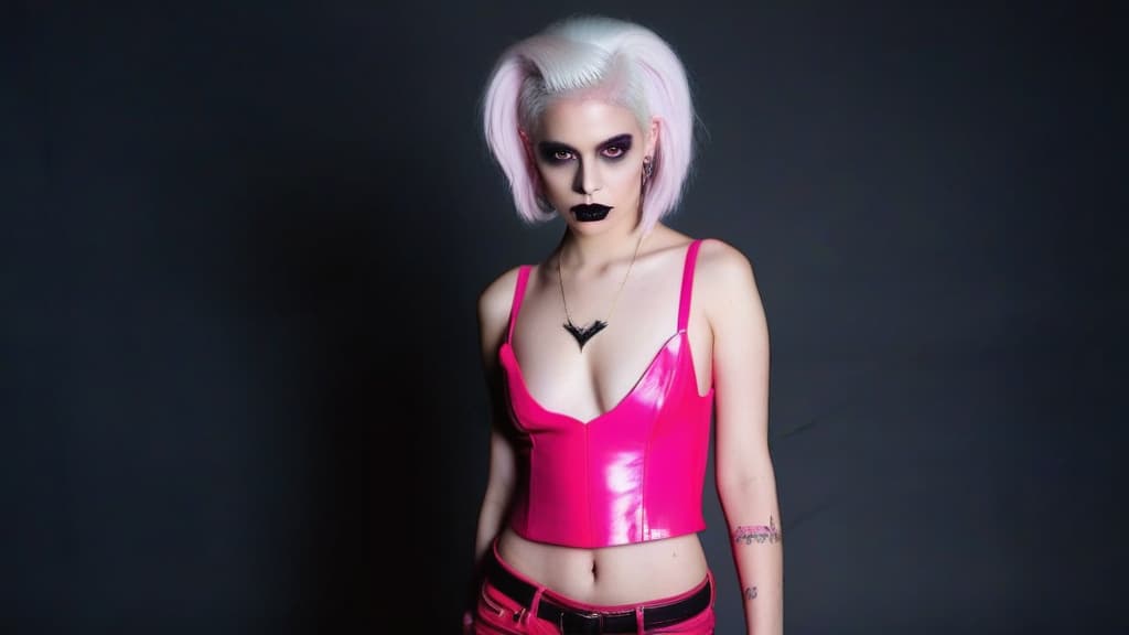  ,6 age girls,full body shot portrait horrifying scary evil undead pale shiny skin medium white hair ,full white eyes, standing,black lips, black dripping eyeshadow scars body tattoos ,in pink cotton with red trim and bulge in crotch pink 