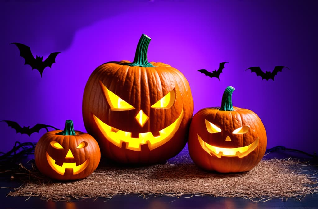  professional detailed photography, carved pumpkins and bats on a vibrant purple backdrop for halloween fun! ar 3:2, (muted colors, dim colors, soothing tones), (vsco:0.3)