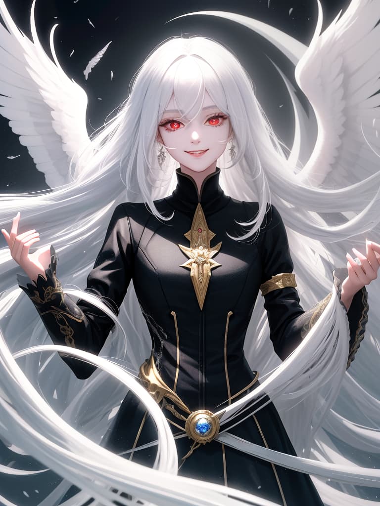  big s, whole body, white hair, super long long hair, smiling, beautiful , red eyes, black wings, round spells behind, masterpiece, best quality,8k,ultra detailed,high resolution,an extremely delicate and beautiful,hyper detail