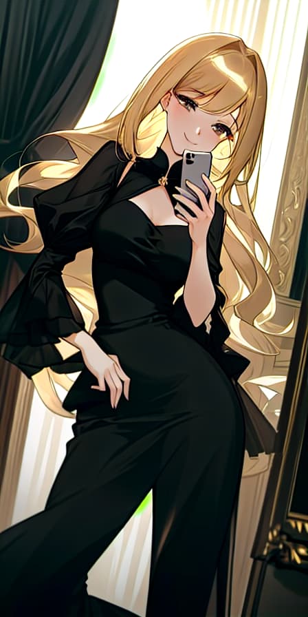  a woman with soft, harmonious features. she has fair skin and light blonde hair, long with bangs framing her face. she is wearing a simple, elegant black dress that adds a touch of sophistication and grace. in the picture, she is taking a selfie while holding her phone confidently, with a subtle smile that adds a hint of spontaneity and charm. the background is a bedroom, which provides a cozy and intimate setting, focusing attention on her natural beauty, and the lighting is soft and natural, enhancing the realistic feel. hyperrealistic, full body, detailed clothing, highly detailed, cinematic lighting, stunningly beautiful, intricate, sharp focus, f/1. 8, 85mm, (centered image composition), (professionally color graded), ((bright soft diffused light)), volumetric fog, trending on instagram, trending on tumblr, HDR 4K, 8K