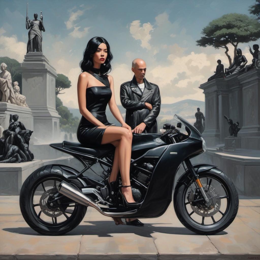  bold, no hair man sitting on a black motorcycle. women with black hair very long, straight in a black dress with statues standing next to him., painting style