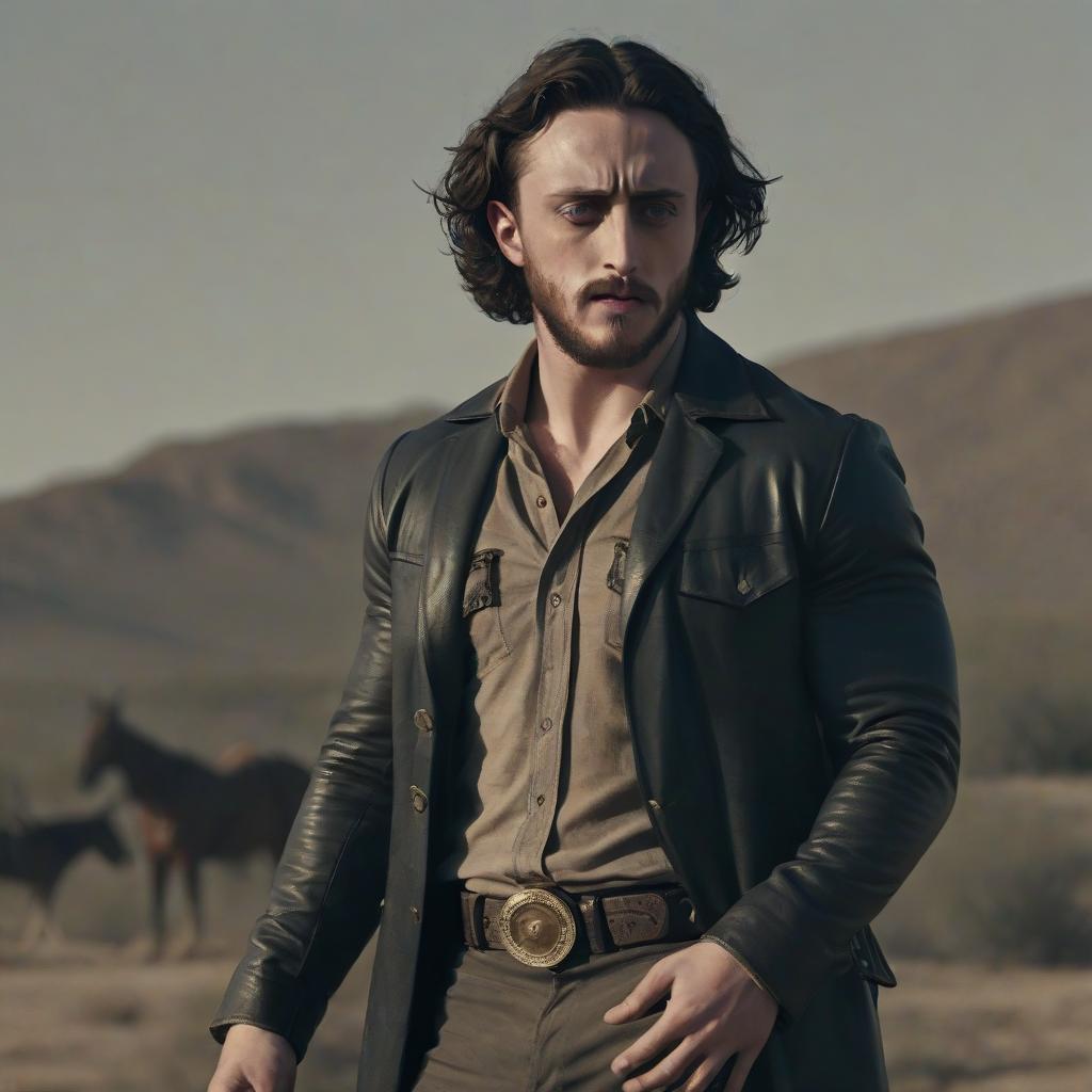  cowboy, aaron taylor johnson, full height, gloomy, with a gun