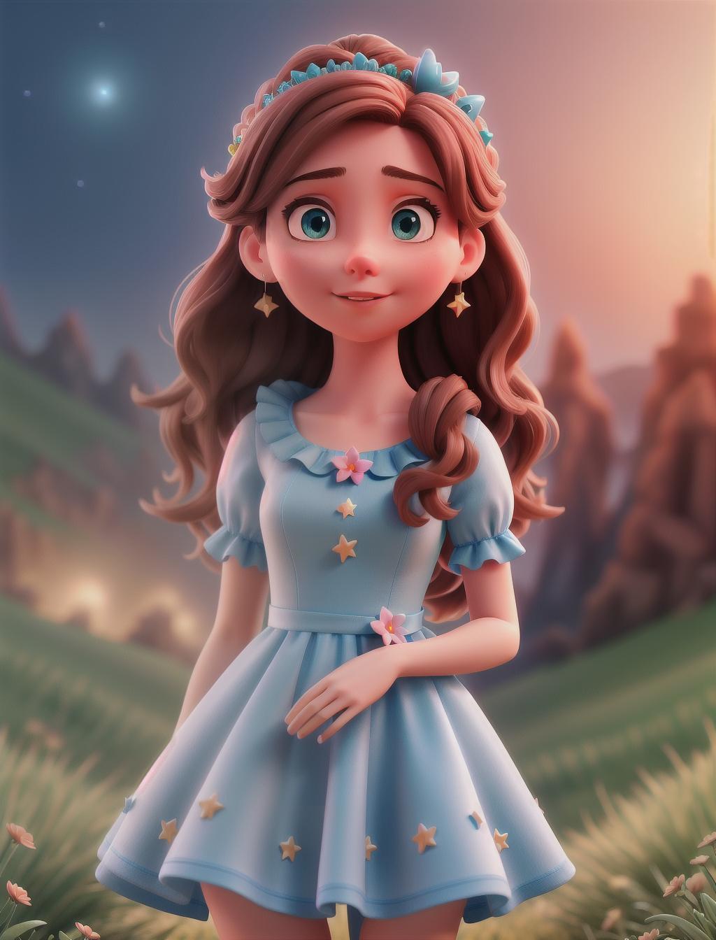  A princess in a baby blue dress looking at the stars on a hill with brown hair with red hues in her hair and brown eyes hyperrealistic, full body, detailed clothing, highly detailed, cinematic lighting, stunningly beautiful, intricate, sharp focus, f/1. 8, 85mm, (centered image composition), (professionally color graded), ((bright soft diffused light)), volumetric fog, trending on instagram, trending on tumblr, HDR 4K, 8K