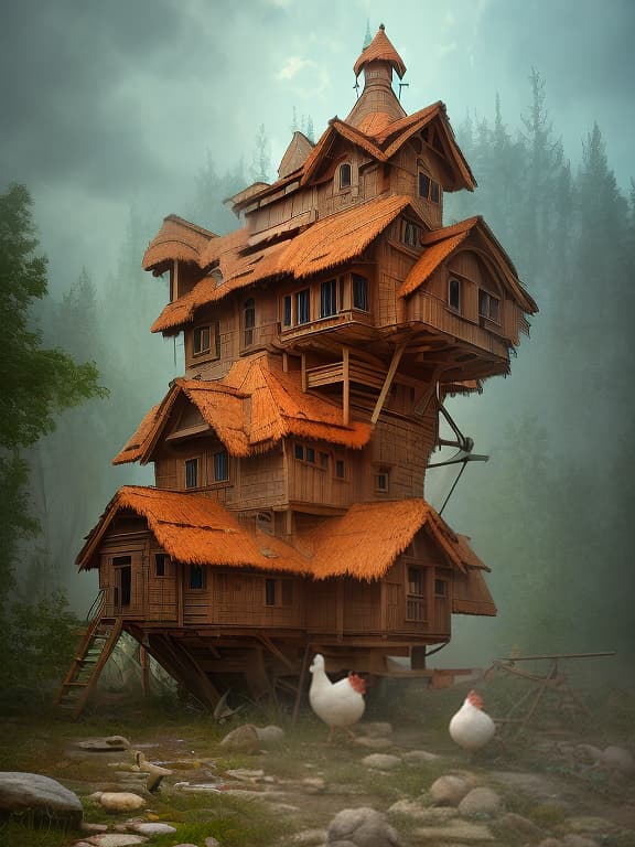 dvarchmodern cartoon style, russian folk tales. multi storey hut on chicken legs: "5 levels" on each floor baba yoshka looks out of the window., (extremely detailed oil painting:1.2), glow effects, godrays, hand drawn, render, 8k, octane render, cinema 4d, blender, dark, atmospheric 4k ultra detailed, cinematic sensual, sharp focus, humorous illustration, big depth of field, masterpiece, colors, 3d octane render, 4k, concept art, trending on artstation, hyperrealistic, vivid colors, extremely detailed cg unity 8k wallpaper, trending on artstation, trending on cgsociety, intricate, high detail, dramatic