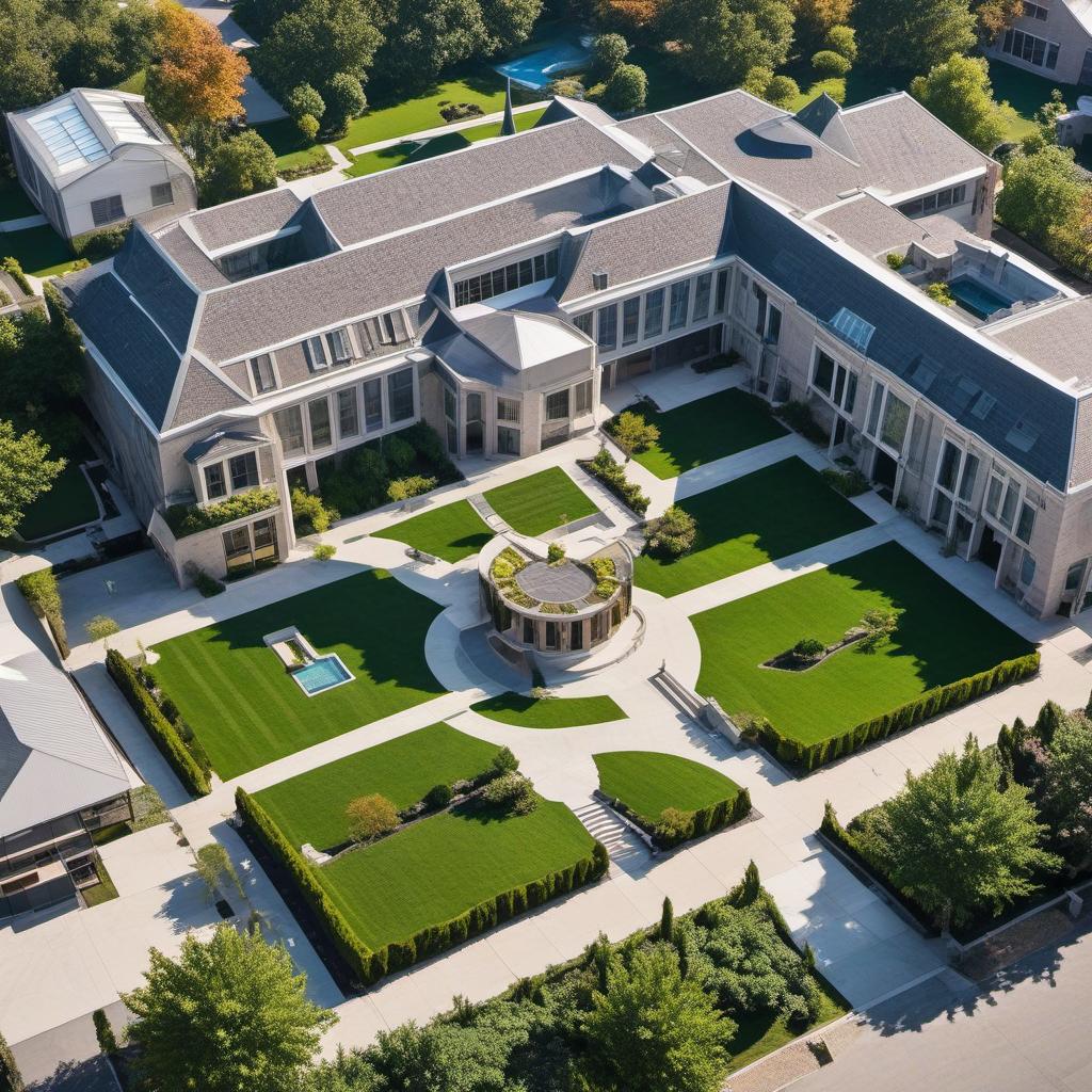  high school exterior aerial layout with lots of windows arches a courtyard in the middle with a garden, pool and rooftop art space and curb appeal, mystical style