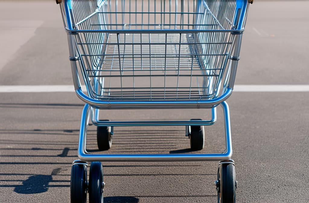  supermarket parking lot with a large metal shopping cart on wheels, close up shot ar 3:2 {prompt}, maximum details