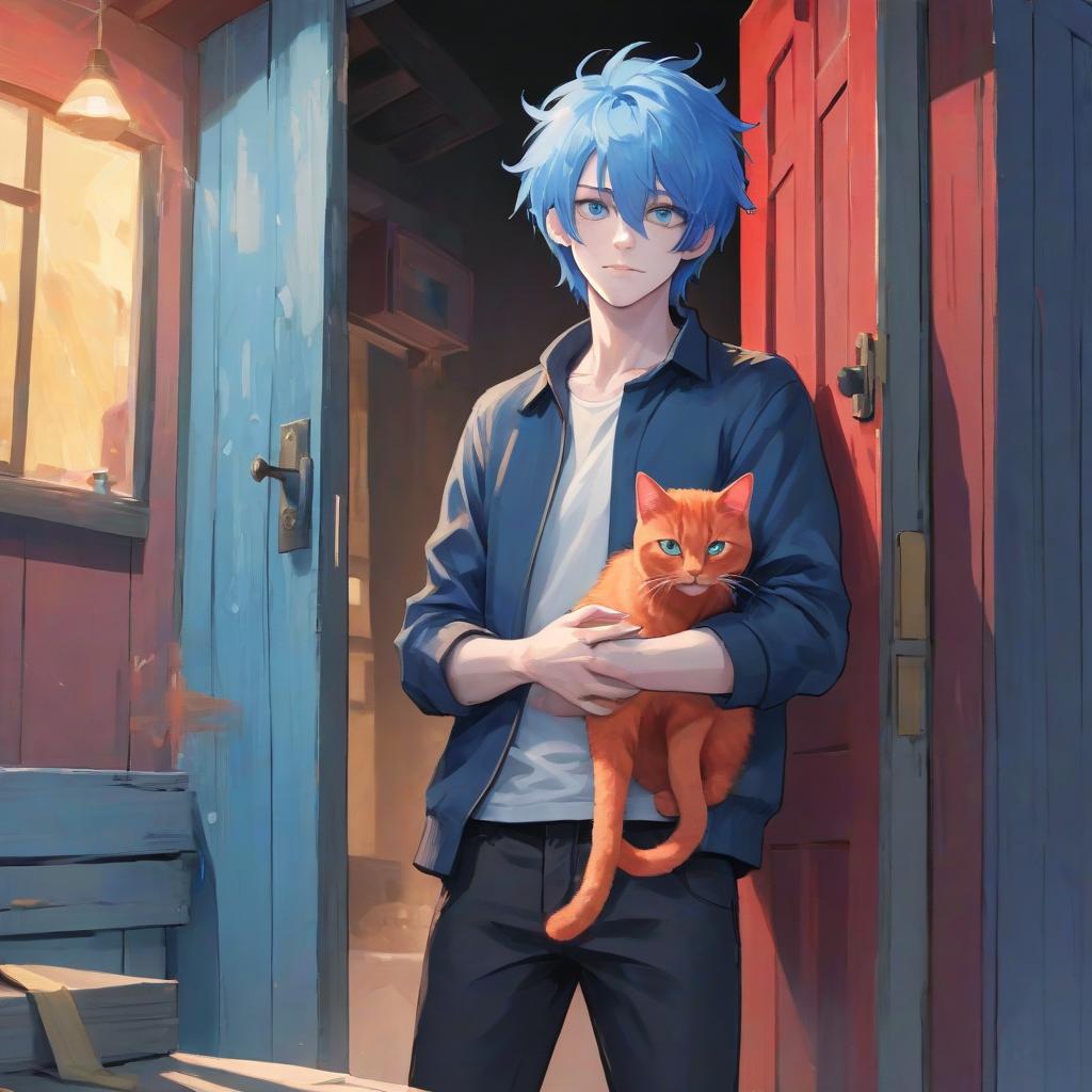  a young man with blue hair with a red cat behind a black settles through the door of the hut to go out into a bright street