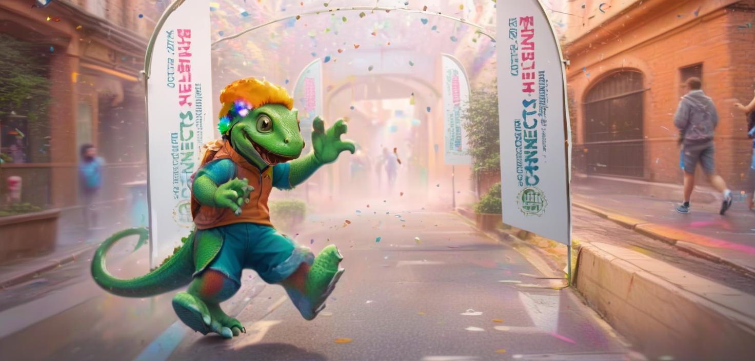  breathtaking a green anthropomorphic lizard with running through a confetti archway in an urban area with people in the background . award winning, professional, highly detailed, civitai