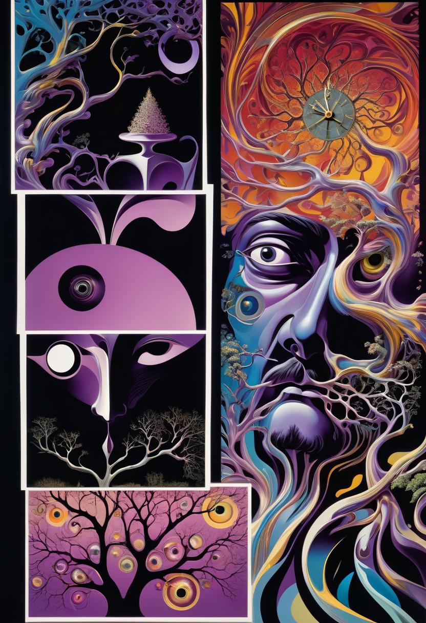  salvador dali inspired psychedelic poster depicting, head, face, eyes open, lens in one eye, back of head turns into branches, psychedelic elements integrating tree of life into surreal, abstract painting, twisted shapes, melting clock, fantasy landscape, vibrant hues, golden ratio composition, ultra fine details, digital painting.