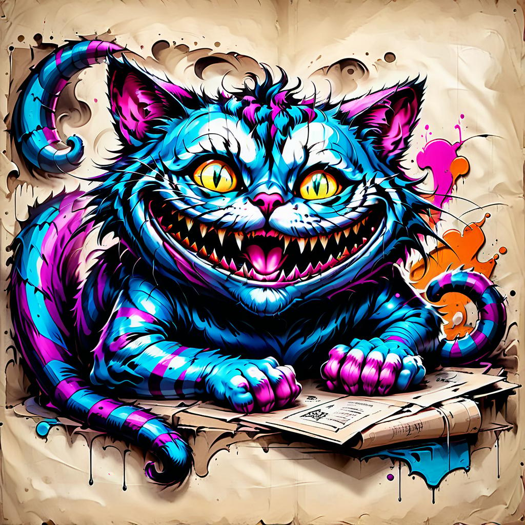  graffiti style cheshire cat lies . street art, vibrant, urban, detailed, tag, mural, t shirt design, on parchment