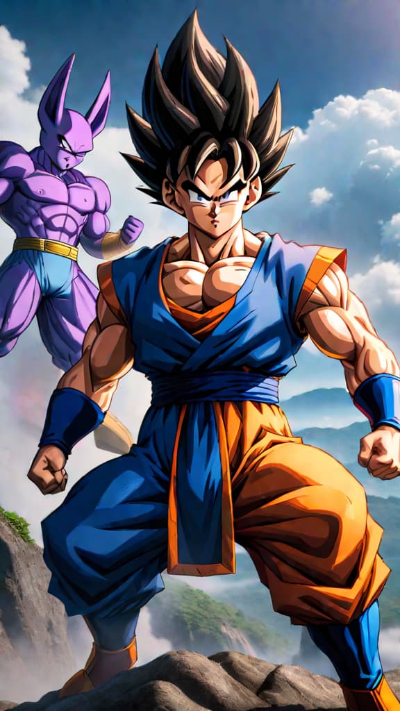  anime art: goku and vegeta confront beerus upon learning his involvement in saiyan extinction. hyperrealistic, full body, detailed clothing, highly detailed, cinematic lighting, stunningly beautiful, intricate, sharp focus, f/1. 8, 85mm, (centered image composition), (professionally color graded), ((bright soft diffused light)), volumetric fog, trending on instagram, trending on tumblr, HDR 4K, 8K