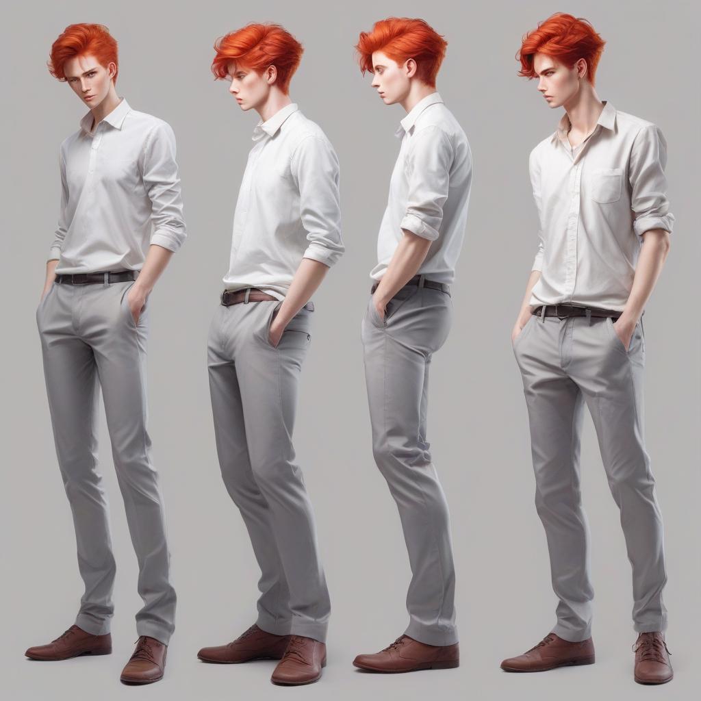  faceless guy with red hair in gray trousers, light shirt with cloths, character, different poses on a white background, art, anime style