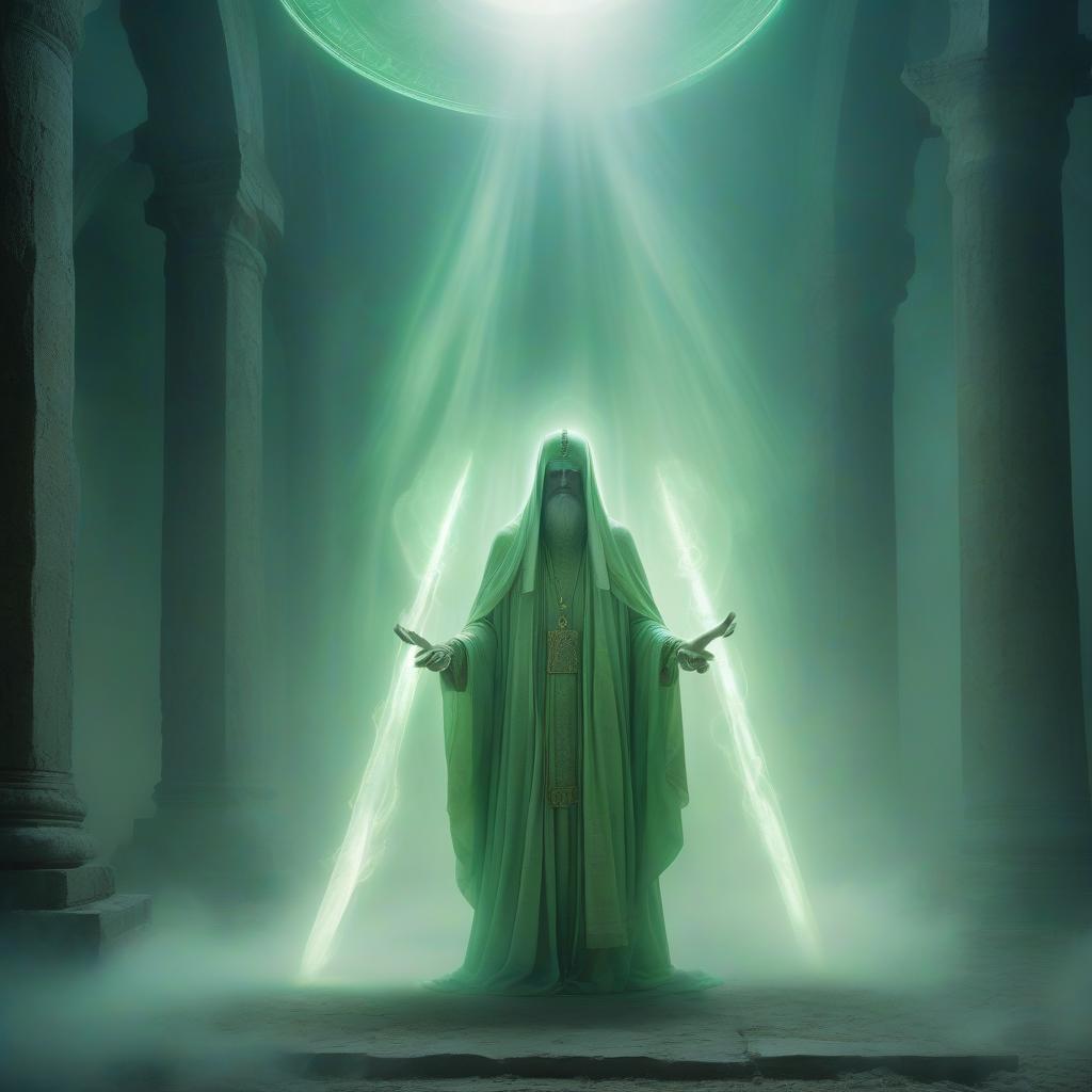  high priest of the ancient temple it looks like a ghostly figure in long ritual robes floating above the ground. its appearance is translucent, faintly flickering with light green light, as if covered with magical energy. the face is pale, without emotions, with bright glowing eyes. in his hands he holds an ancient ritual dagger a symbol of his power in life. his figure is surrounded by a halo of light fog