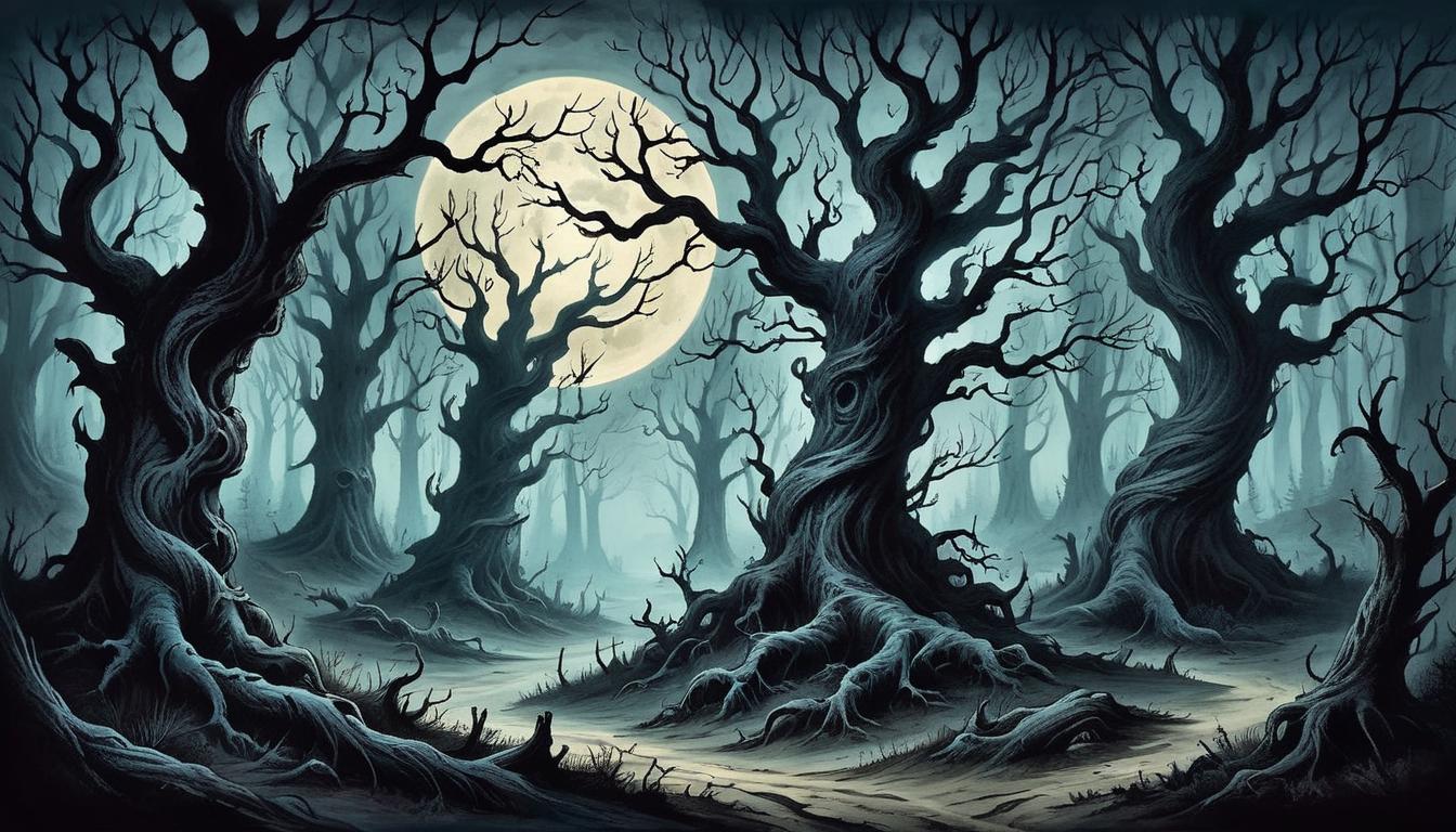  on parchment, surrealism+++, dark forest, eerie shadows under moonlight, twisted and gnarled trees, haunting atmosphere, daring intruders(mysterious, provocative, symbolic,muted color)+++